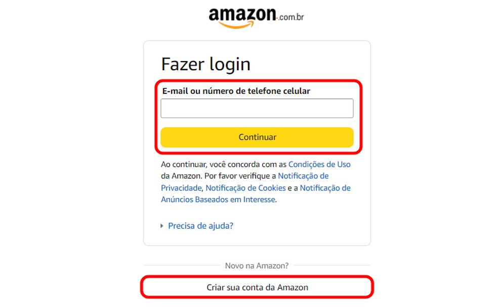 Página de login ou registro na conta Amazon — Foto: Reprodução/Rodrigo Fernandes