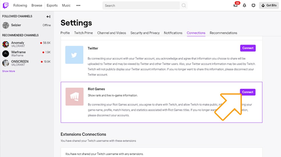 Clique em "Connect" em sua conta da Riot Games para Valorant e ela será vinculada ao Twitch — Foto: Reprodução/Rafael Monteiro