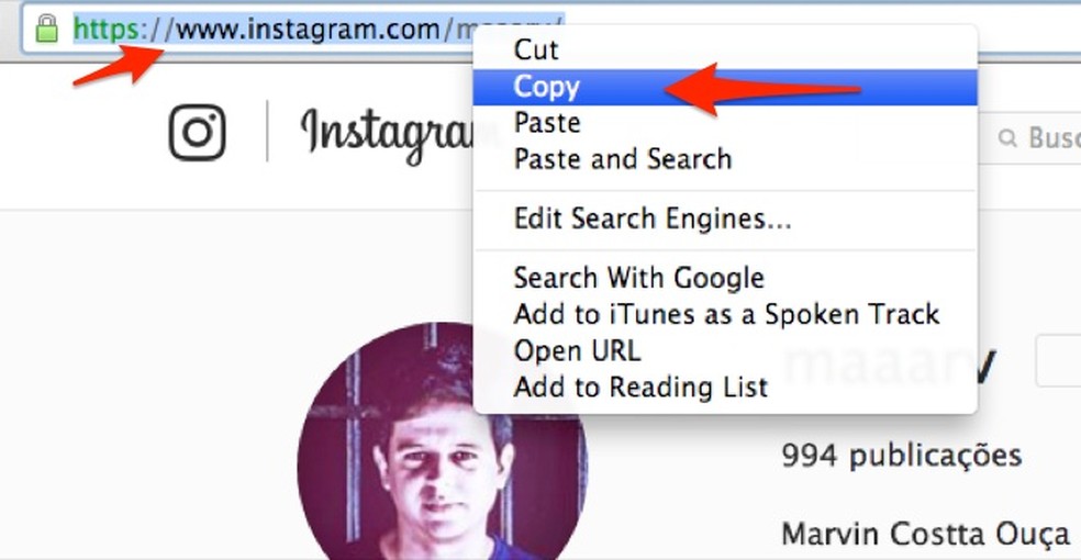 Instagram Stories: ação para copiar um endereço de perfil do Instagram web — Foto: Reprodução/Marvin Costa