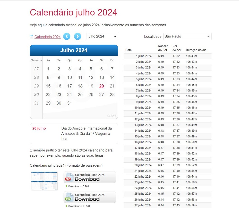 Confira o calendário de julho de 2024 facilmente no site Calendário 365 — Foto: Reprodução/Thaisi Carvalho