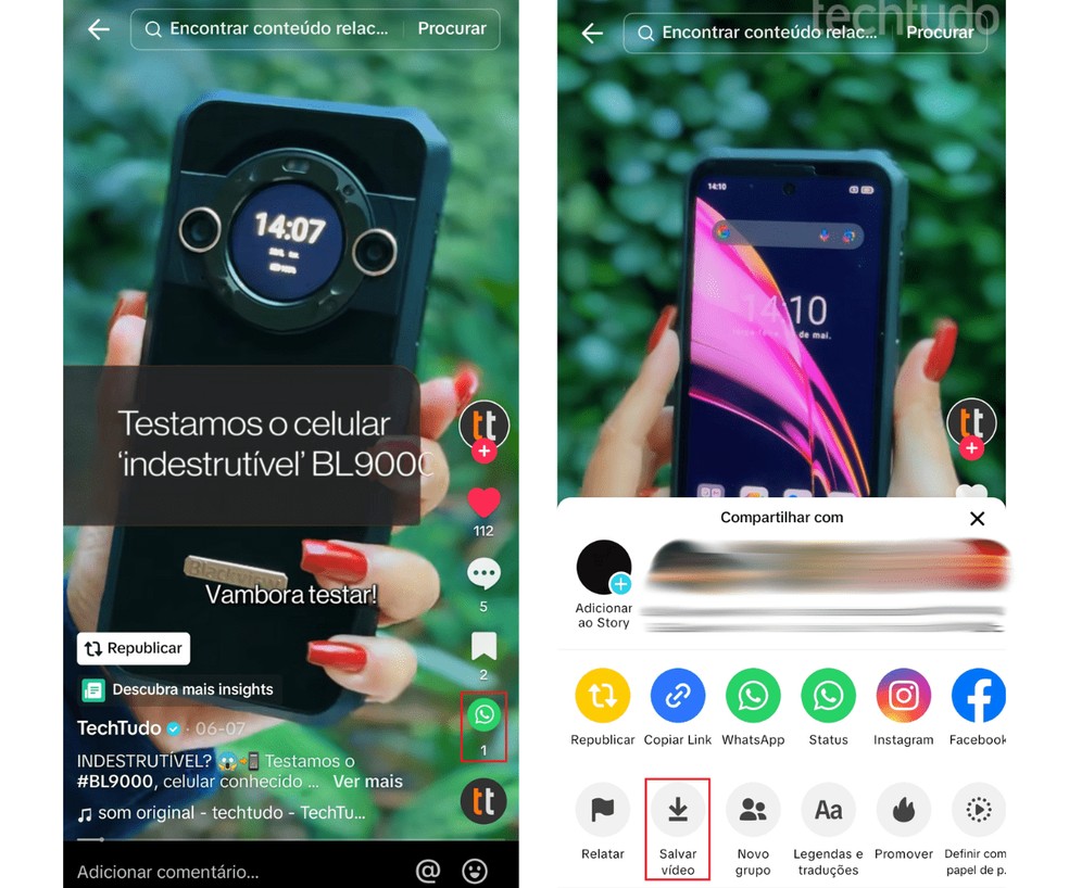 Baixando um vídeo do TikTok por meio do botão do WhatsApp presente na rede social — Foto: Reprodução/Bruno Guerra