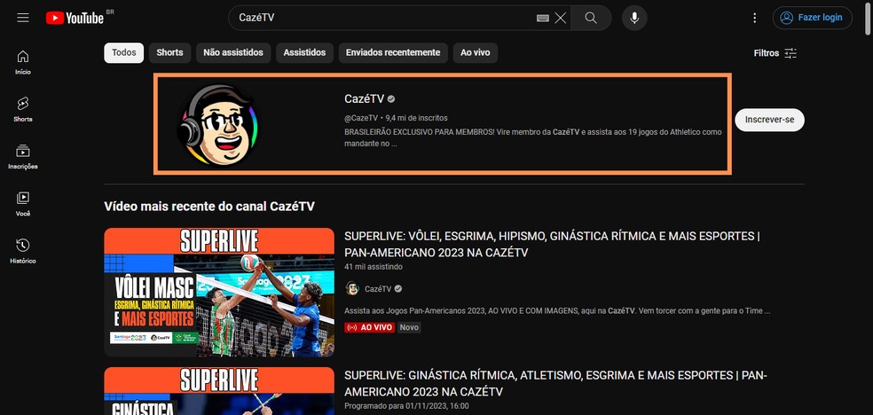 'Onde assistir ao jogo do Brasil no Pan pela internet?' Busque por 'CazéTV' no YouTube para encontrar o canal do streamer — Foto: Reprodução/Róbson Martins