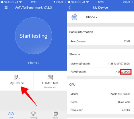 Antutu mostra a quantidade de memória RAM do iPhone no menu My Device