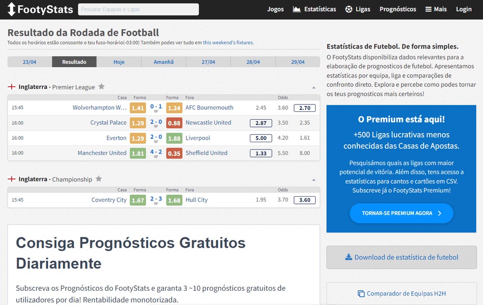 Interface do FootyStats — Foto: Reprodução/Bruno Guerra