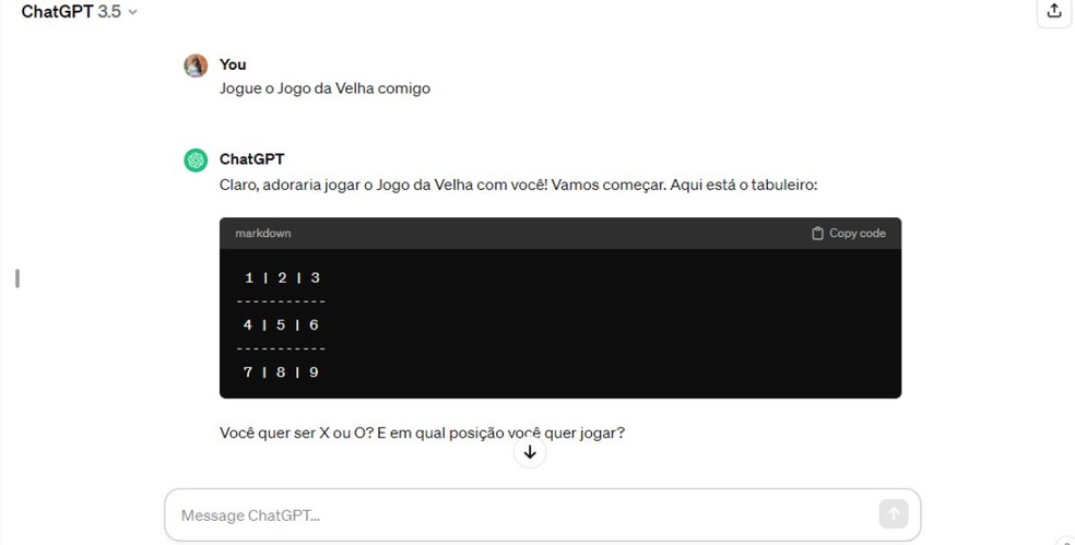 Jogo da Velha no ChatGPT — Foto: Reprodução/Millena Borges
