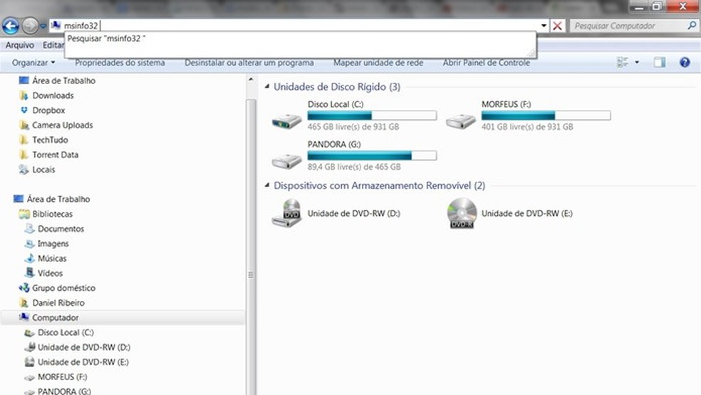 Digite msinfo32 na barra de tarefas — Foto: Reprodução/Daniel Ribeiro