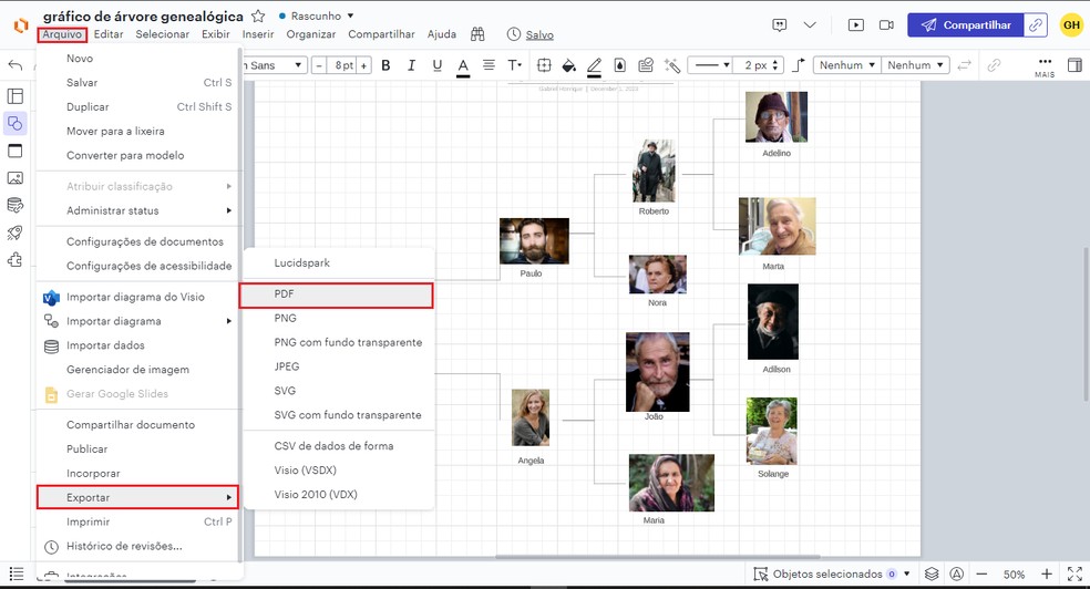 É possível exportar a árvore genealógica como PDF através do Lucidchart — Foto: Reprodução/Gabriel Pereira