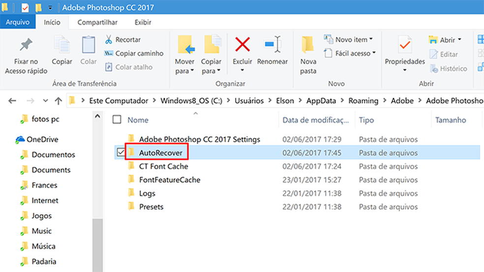 Clique na pasta AutoRecover para recuperar arquivos do Photoshop — Foto: Reprodução/Elson de Souza