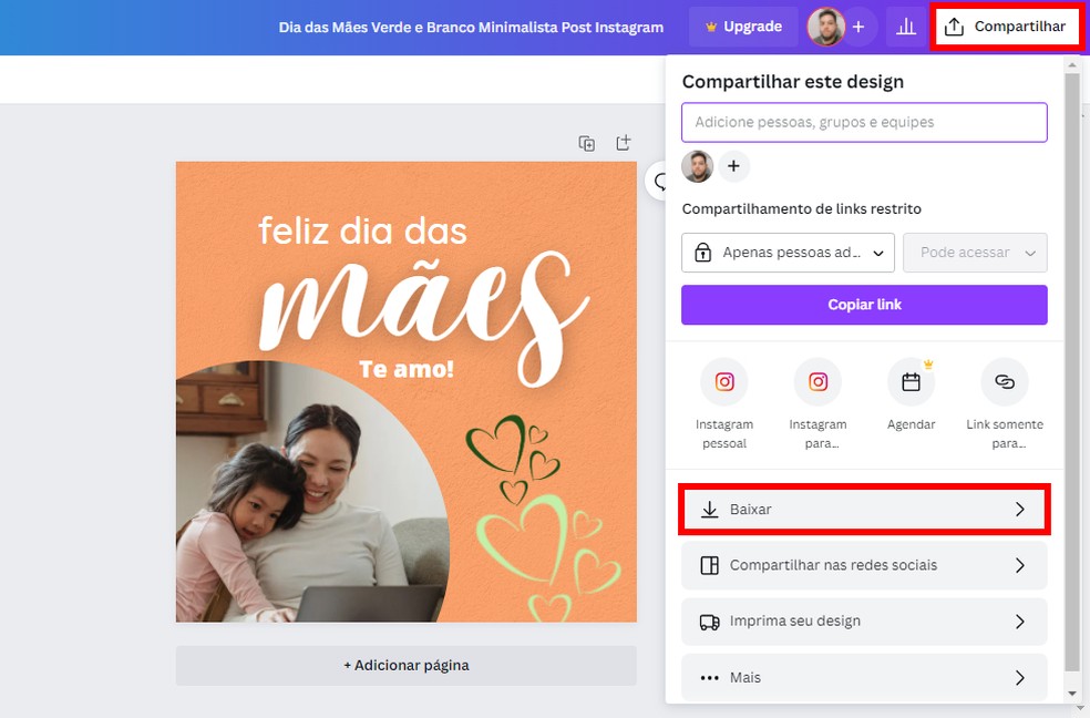 Veja como baixar cartão de Dia das Mães no Canva — Foto: Reprodução/Rodrigo Fernandes