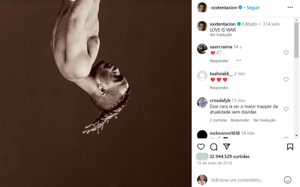 Com uma única foto no perfil, o rapper XXXTentacion entra na lista do top 10 com quase 33 milhões de curtidas — Foto: Reprodução/Instagram/xxxtentacion