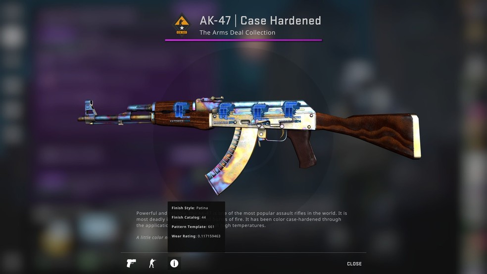 A AK-47 Case Hardened (Blue Gem) tem um dos padrões mais populares entre os jogadores de CS:GO — Foto: Reprodução/Game Banana