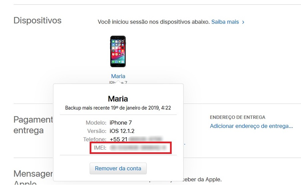 Conta da Apple contém número de IMEI do iPhone do usuário — Foto: Reprodução / Isabela Cabral