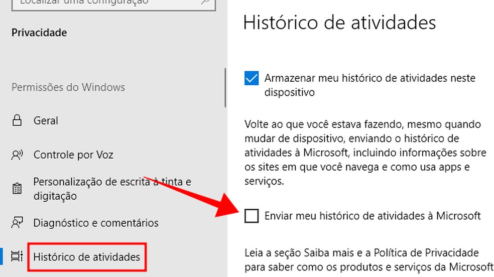 Cancele o envio do histórico de tarefas no PC à Microsoft — Foto: Reprodução/Paulo Alves