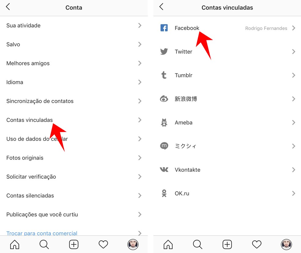 Desvinculando conta do Instagram do Facebook — Foto: Reprodução/Rodrigo Fernandes