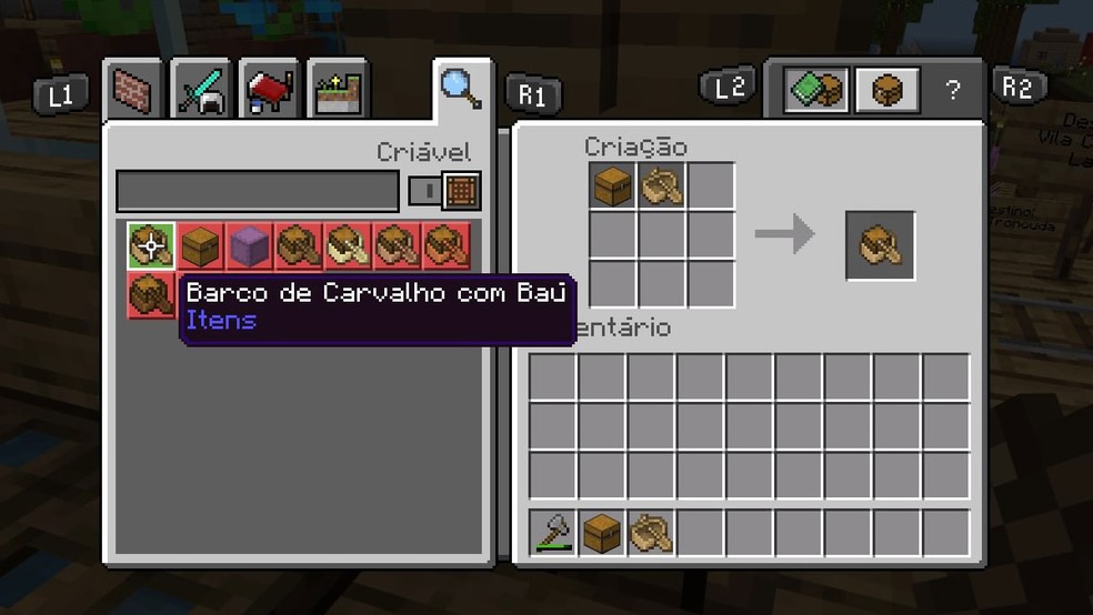 Para criar um Barco com Baú em Minecraft basta combinar os dois itens, sem precisar de uma Bancada — Foto: Reprodução/Rafael Monteiro