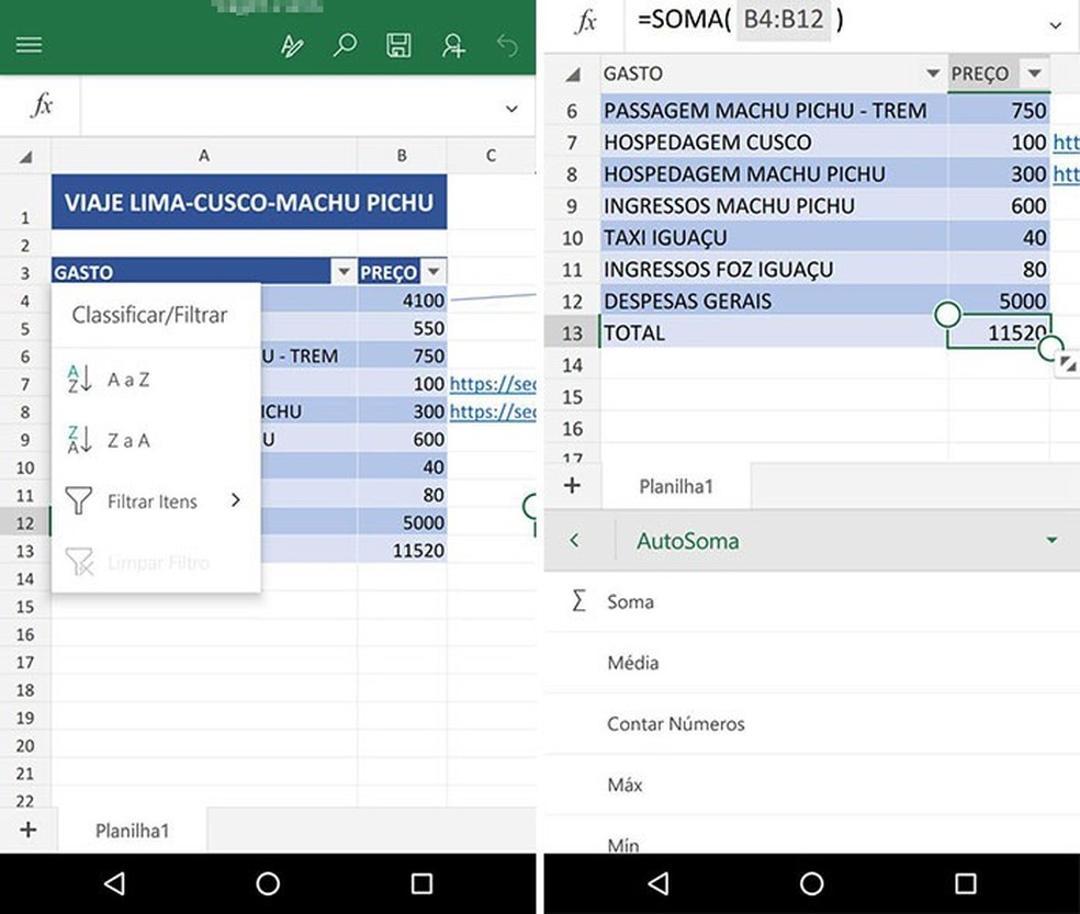 Excel para Android (Foto: Reprodução/Paulo Alves) — Foto: TechTudo