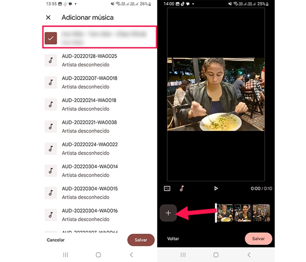 Toque sobre a música para adicioná-la ao vídeo — Foto: Reprodução/Marcela Franco