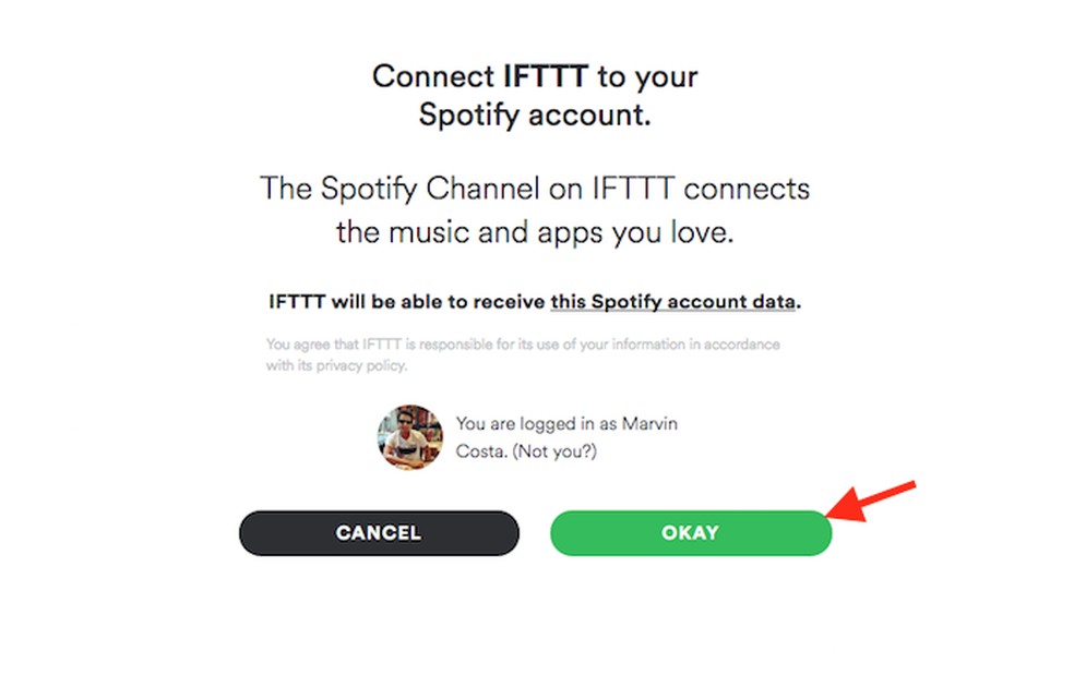 Opção para integrar uma conta do Spotify ao serviço IFTTT (Foto: Reprodução/Marvin Costa) — Foto: TechTudo