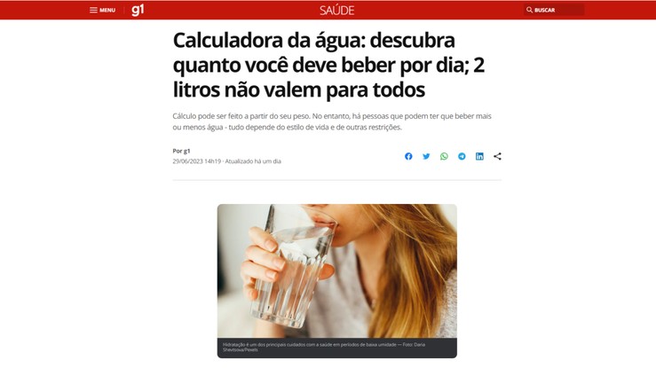 Matéria do G1 informa como calcular a quantidade de água ideal para beber por dia