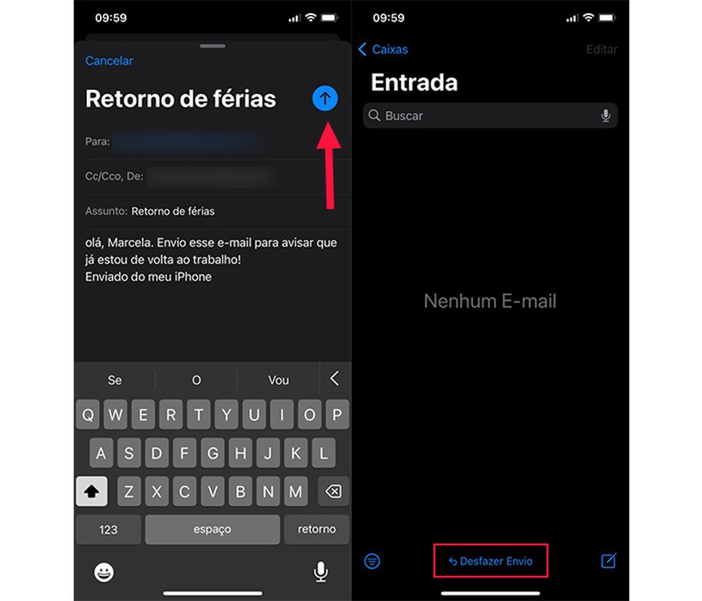 Ação para enviar a mensagem e desfazer o envio no app Mail no iPhone — Foto: Reprodução/Marcela Franco