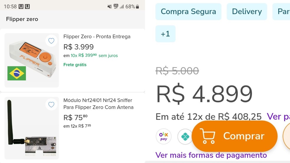 Páginas com Flipper Zero no Mercado Livre e na OLX; plataformas retiraram anúncios após contato do TechTudo — Foto: Reprodução/TechTudo