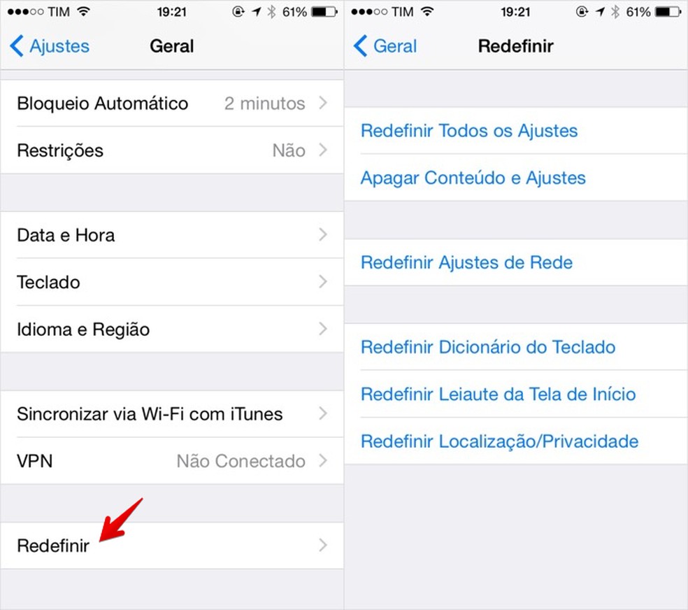 Redefinindo as configurações do iPhone (Foto: Reprodução/Helito Bijora) — Foto: TechTudo