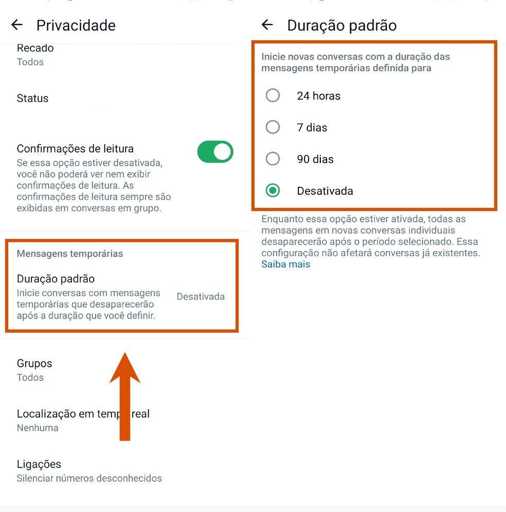 O WhatsApp também permite habilitar mensagens temporárias em várias conversas — Foto: Reprodução/Paola Mansur