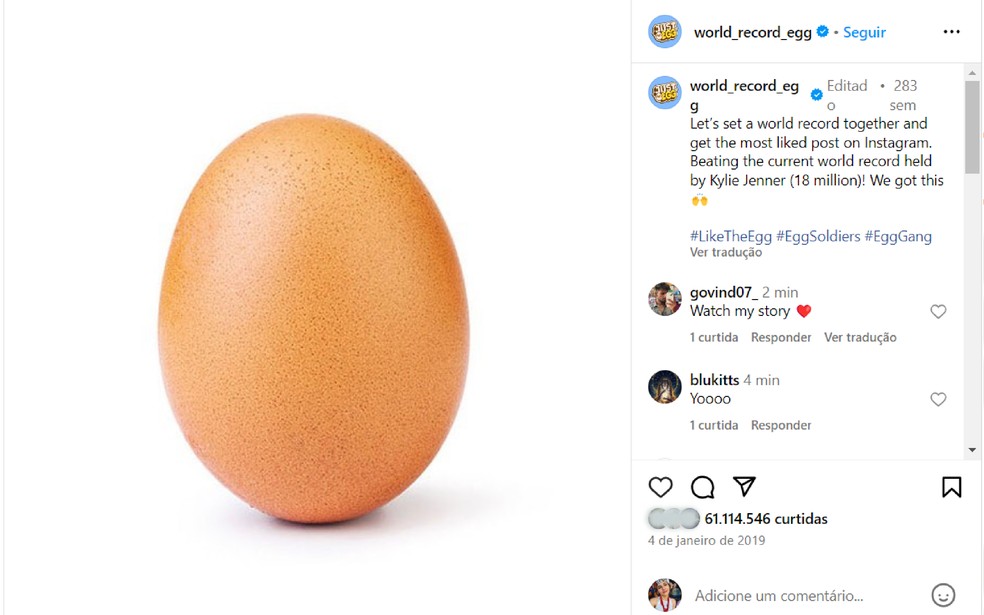 A publicação do ovo ainda permanece na lista, ocupando o segundo lugar da lista de fotos mais curtidas do Instagram — Foto: Reprodução/Instagram/world_record_egg