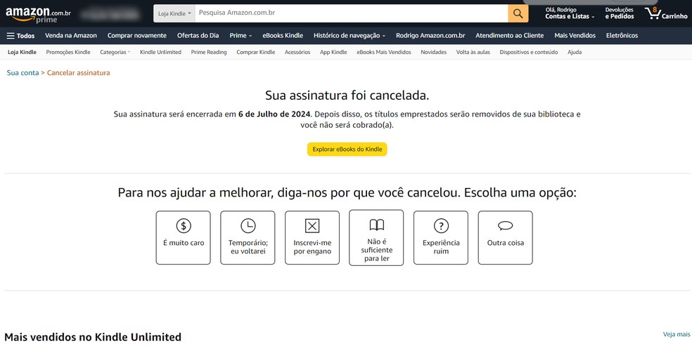 Amazon mostra tela de confirmação de cancelamento do Kindle Unlimited — Foto: Reprodução/Rodrigo Fernandes