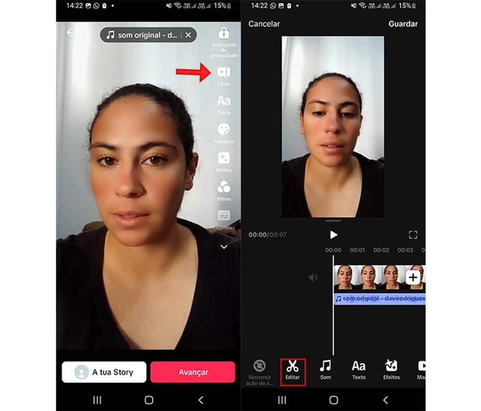 Ação para editar vídeo com o som no TikTok — Foto: Reprodução/Marcela Franco