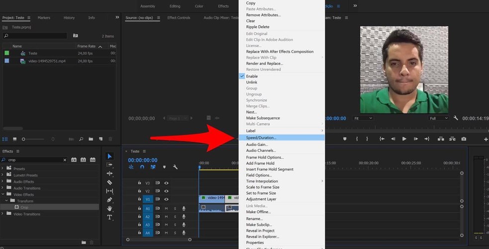 Selecione a opção "Speed/Duration..." — Foto: Reprodução/Lucas Mendes