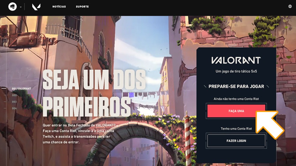 No site oficial de Valorant clique em "Faça uma" para criar uma conta da Riot Games — Foto: Reprodução/Rafael Monteiro