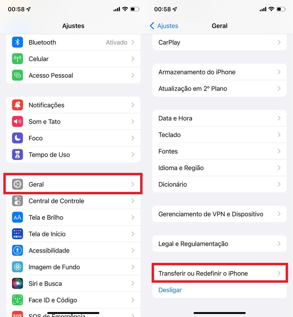Acesse os ajustes do dispositivo, toque sobre "Geral" e, depois, em "Transferir ou Redefinir o iPhone" — Foto: Reprodução/Clara Fabro