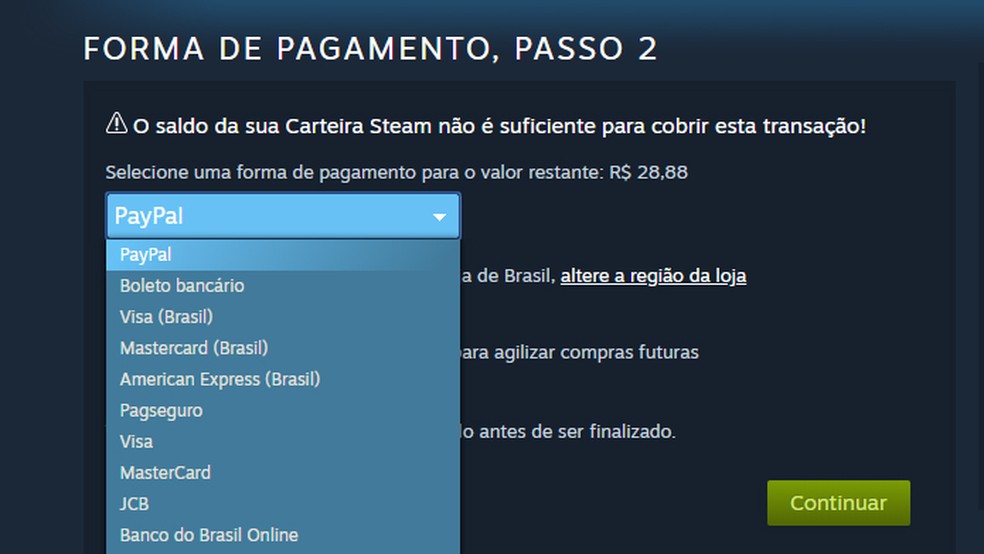 Escolha um meio de pagamento para liberar o download do Loop Hero no Steam — Foto: Reprodução/Tais Carvalho