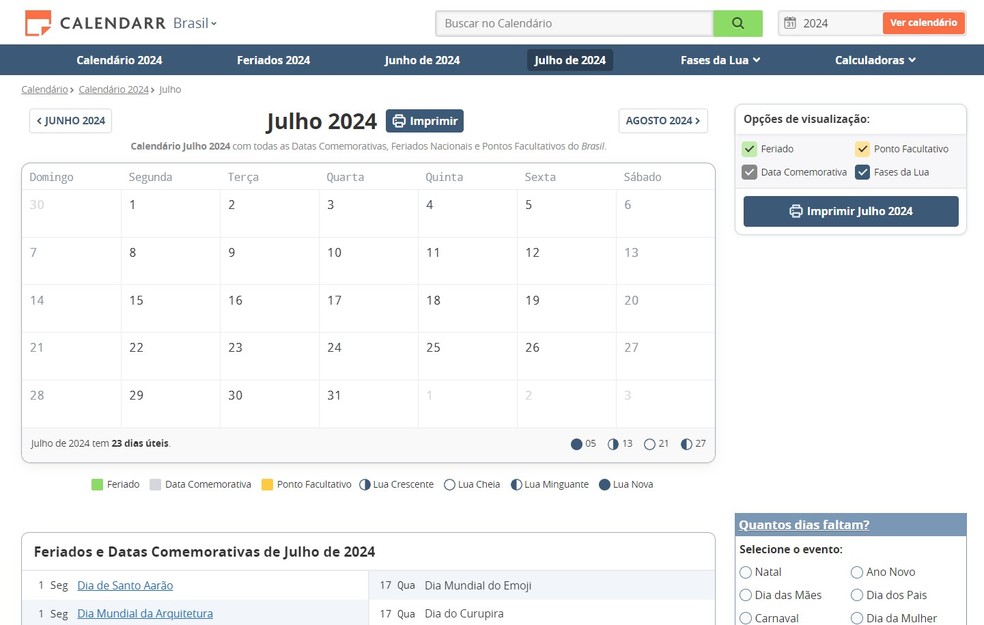 Calendarr apresenta o calendário de julho e as datas comemorativas do mês — Foto: Reprodução/Thaisi Carvalho