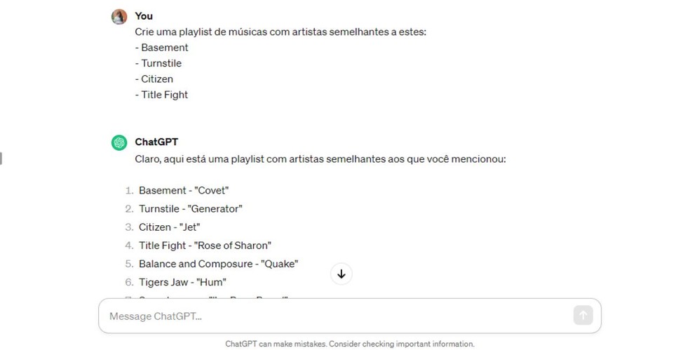 Comando textual para criação de playlist no ChatGPT — Foto: Reprodução/Millena Borges