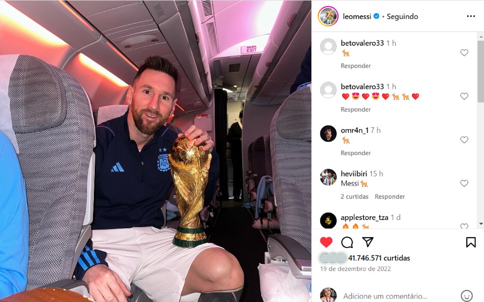 Messi conquista mais uma vez uma posição na lista no top 10, desta vez ficando em quinto lugar — Foto: Reprodução/Instagram/leomessi