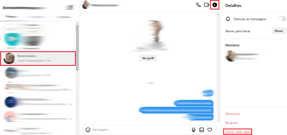 Selecione a conversa que deseja pagar, clique em "i" e depois em "Excluir bate-papo" para deletar um chat do Direct do Instagram — Foto: Reprodução/Bruno Guerra