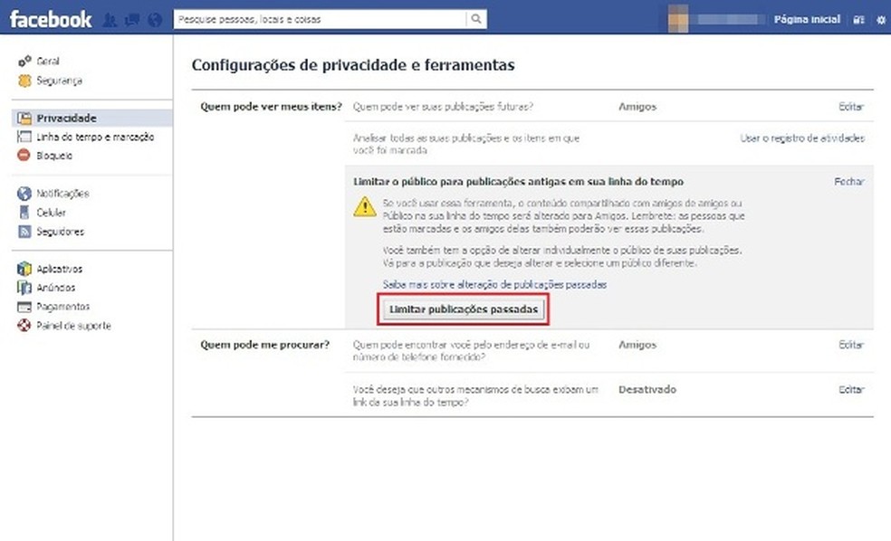 Configurações de Privacidade do Facebook (Foto: Reprodução/Lívia Dâmaso) — Foto: TechTudo