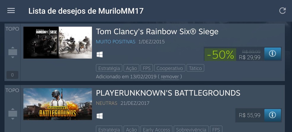 O app te notificará a cada vez que os games receberem descontos no Steam — Foto: Reprodução/Murilo Molina