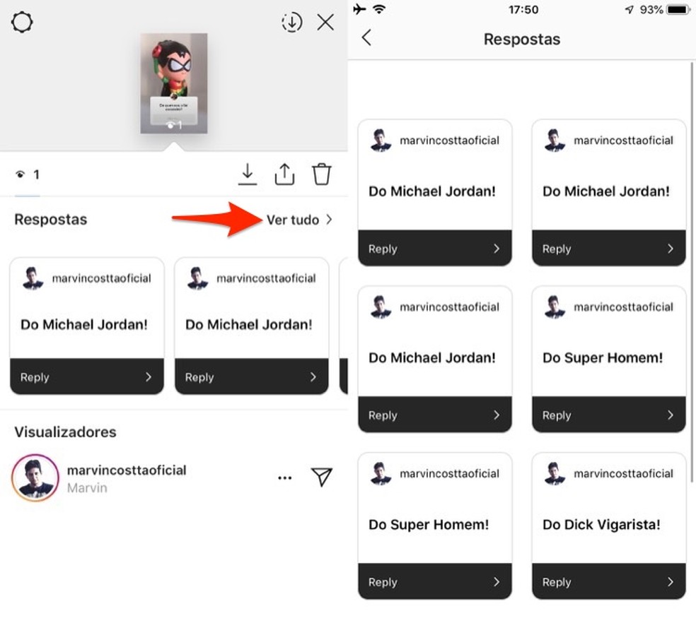 Ação para visualizar todas as respostas recebidas de amigos no Instagram Stories — Foto: Reprodução/Marvin Costa
