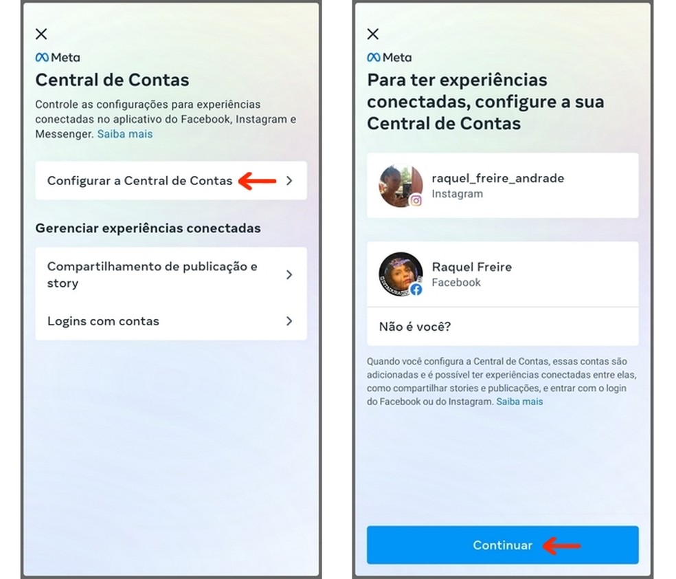 Como vincular o Instagram ao Facebook? Tela inicial da configuração da Central de Contas Meta  — Foto: Reprodução/Raquel Freire