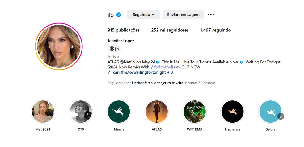 Jennifer Lopez possui mais de 252 milhões de seguidores no Instagram. — Foto: Beatriz Abilio/TechTudo