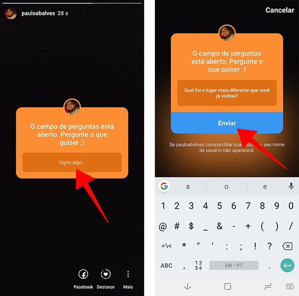 Seguidores podem fazer qualquer pergunta diretamente pela história — Foto: Reprodução/Paulo Alves