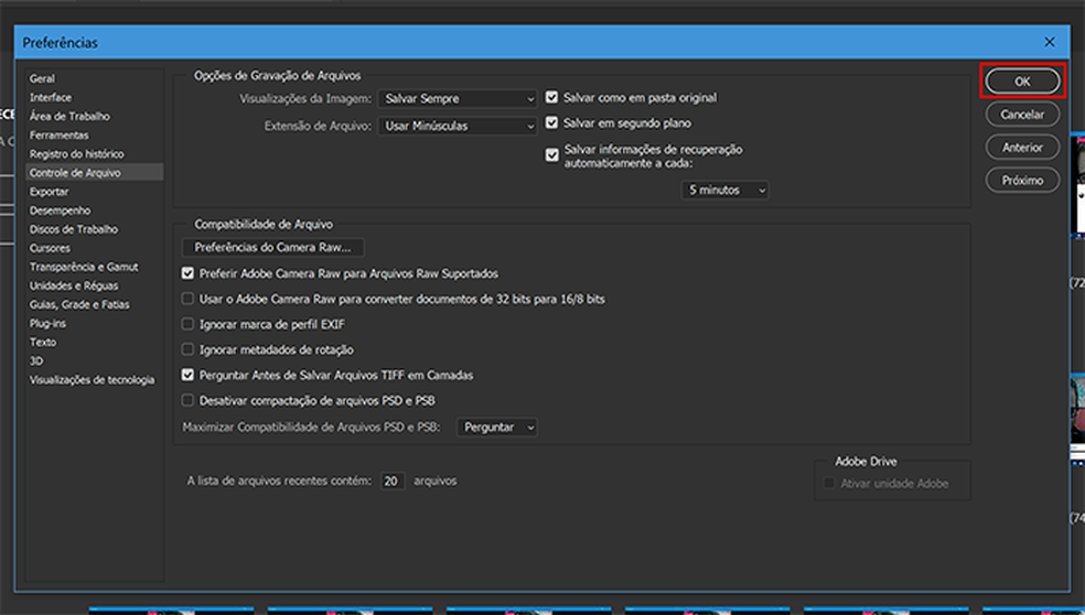 Clique para confirmar mudança no salvamento automatico do Photoshop — Foto: Reprodução/Elson de Souza