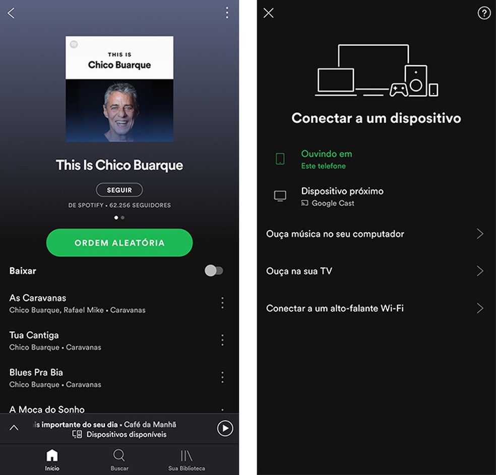 Conecte o Spotify ao Chromecast na opção 'Dispositivos disponíveis' — Foto: Reprodução/Paulo Alves