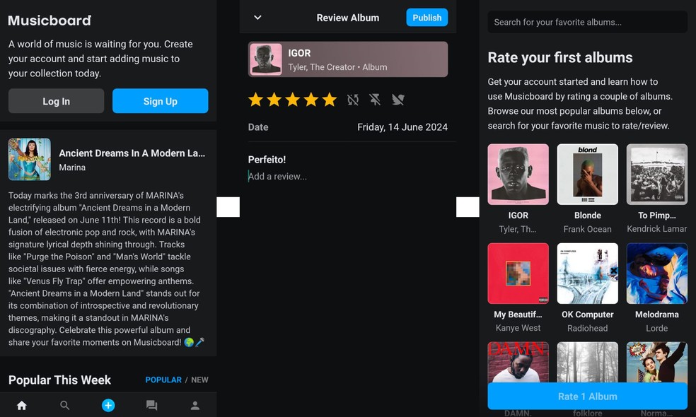 Musicboard permite classificar e escrever comentários sobre álbuns musicais — Foto: Beatriz Abilio/TechTudo
