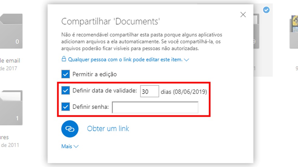 Defina data de validade e senha do compartilhamento — Foto: Reprodução/Paulo Alves