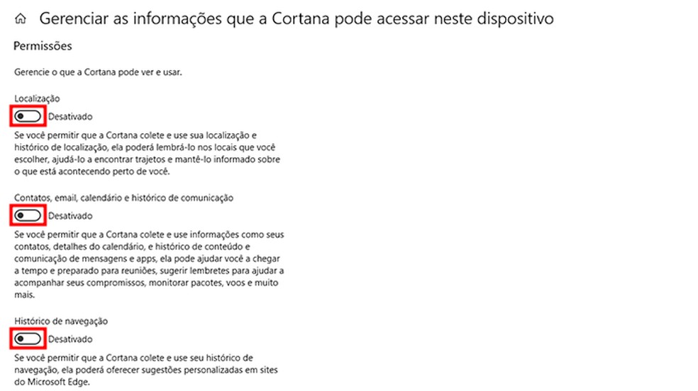 Revogue permissões da Cortana — Foto: Reprodução/Paulo Alves