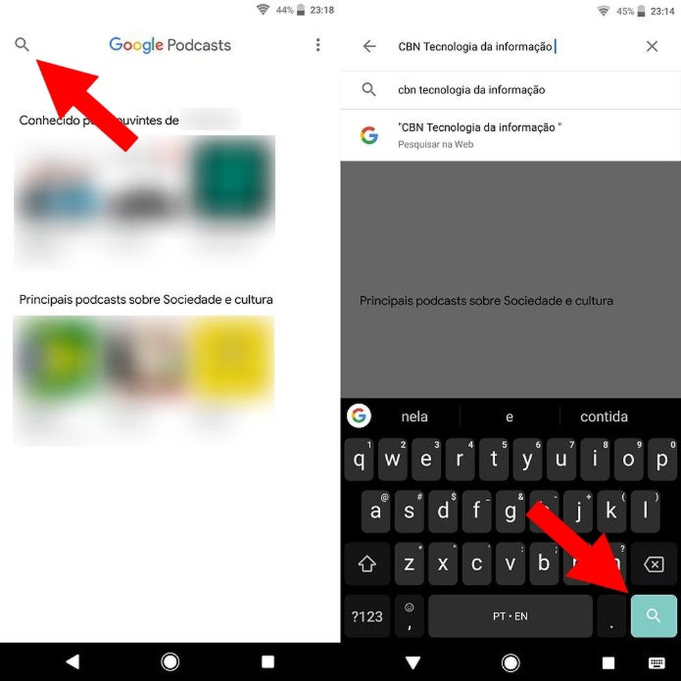 Toque no ícone da lupa para pesquisar um podcast — Foto: Reprodução/Fernando Telles